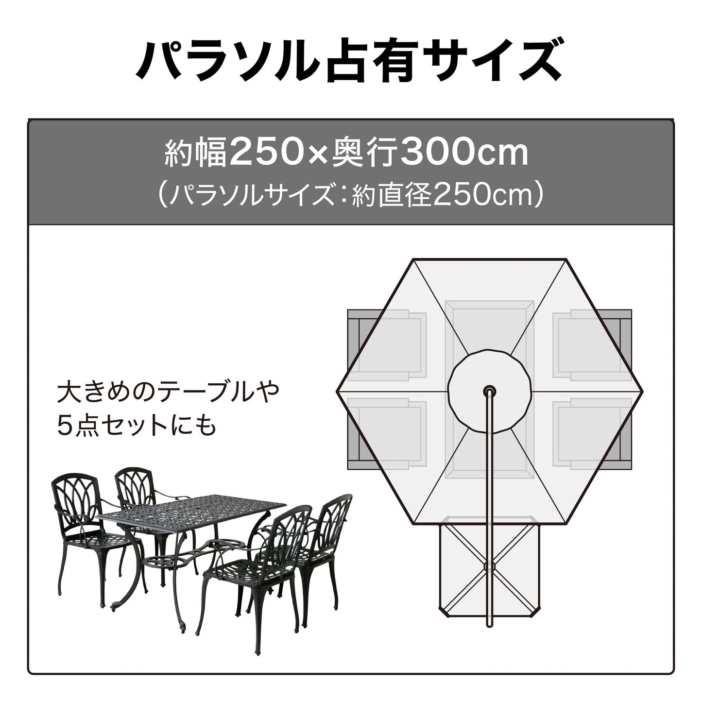 ハンギングパラソル 2.5m_パラソル占有サイズ